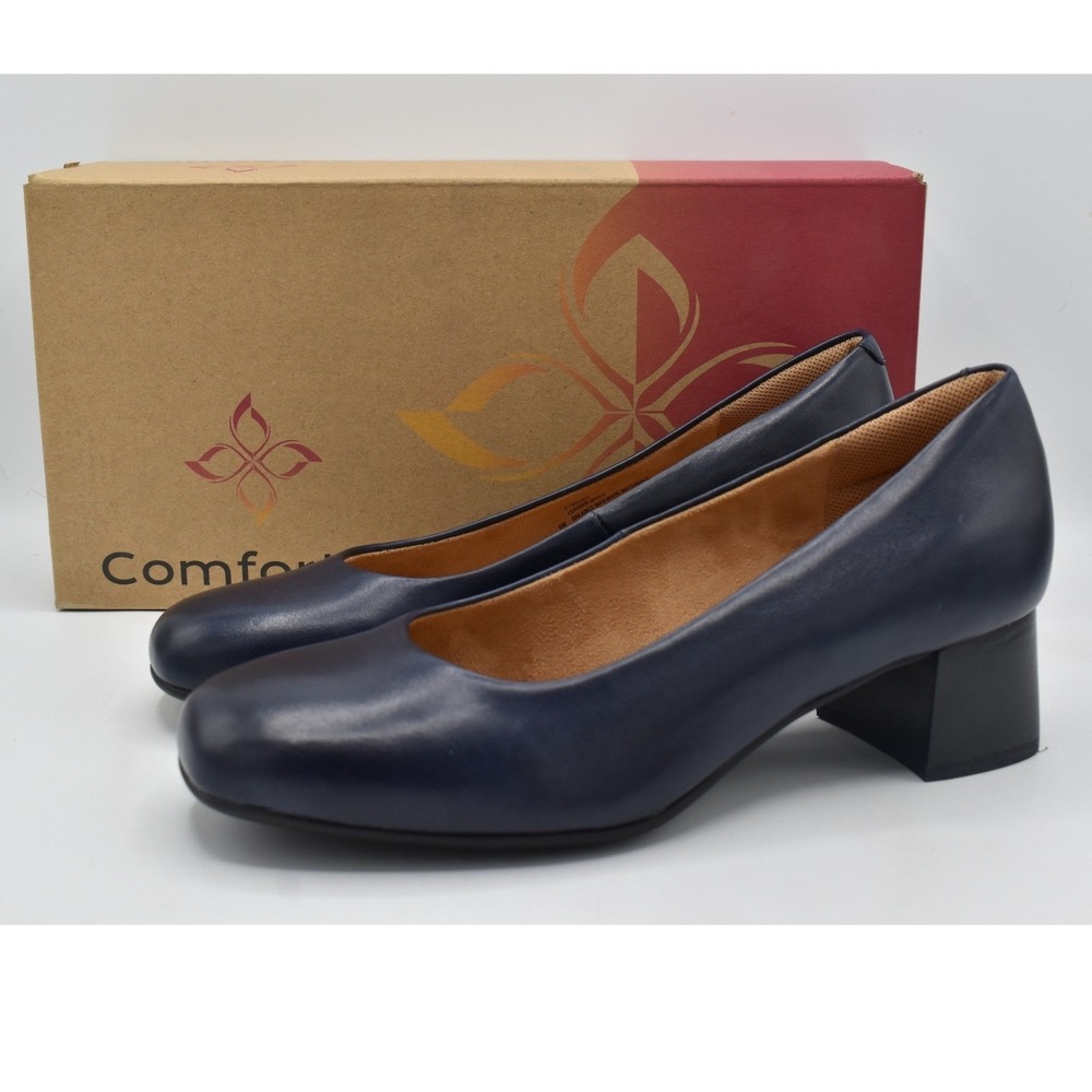 Comfortiva Peach Pump Women 8.5 Sky Navy Leather Block Heel Shoes NWB